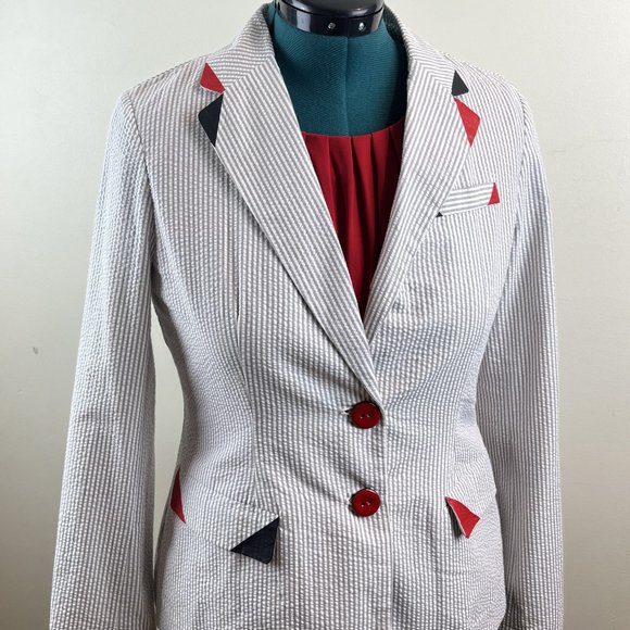 Cream & Gray Striped Seer Sucker Jacket Customized with Black/Red Embellishment - Picture 2 of 9